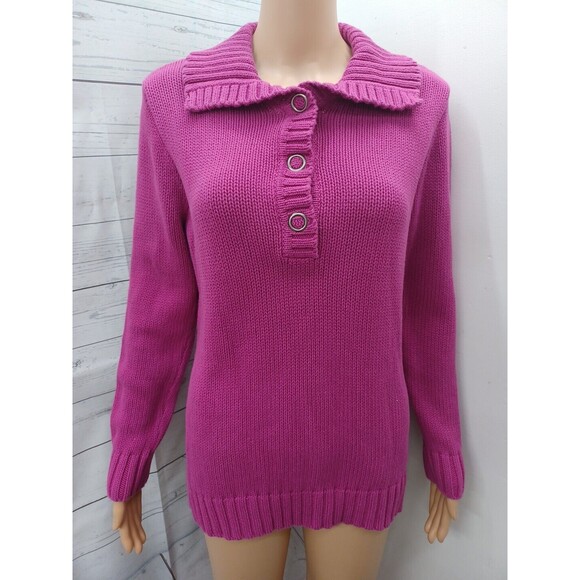 Chicos Crochet Sweater Pink Pullover Henley Collar Sz 1 - Picture 1 of 9